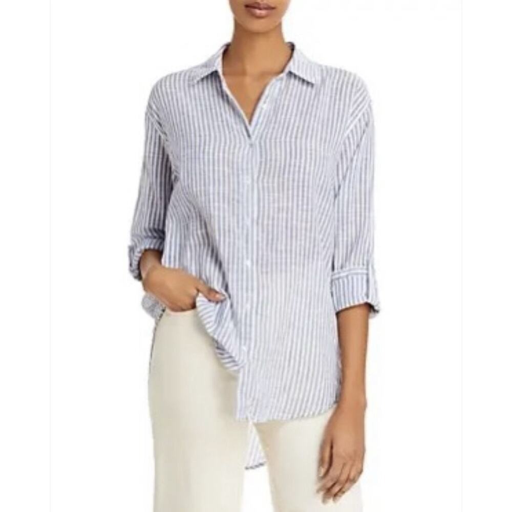 Jones & CO Plus‎ 2X Linen Tunic Top Button Front Striped Blue Beachy Resort Airy